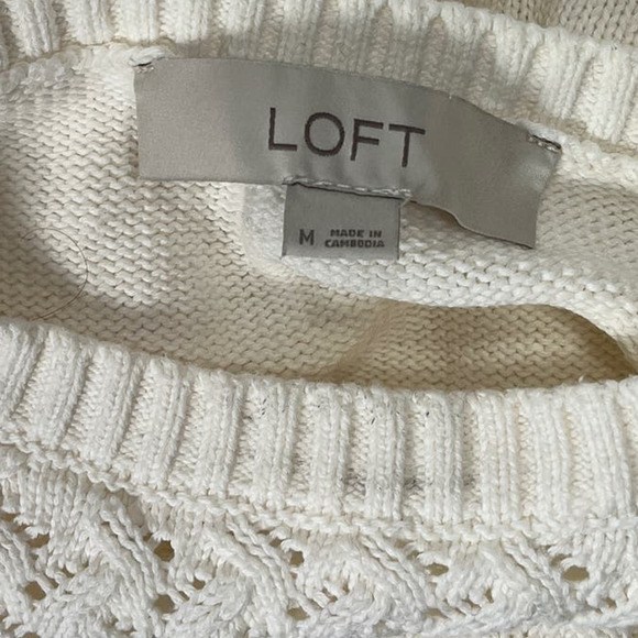 Loft Women's Medium Sweater Ivory Open Knit Sleeves - Picture 2 of 7